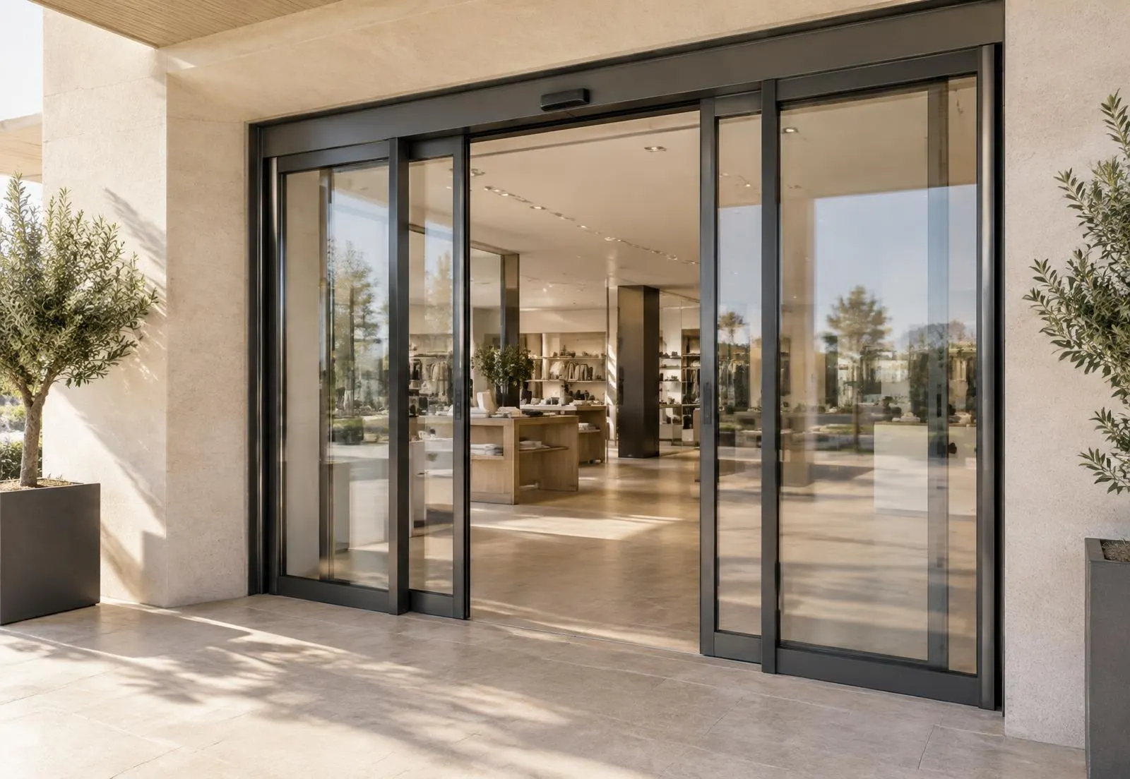 Porte automatique coulissante vitrée installée à l'entrée d'un commerce dans le Var