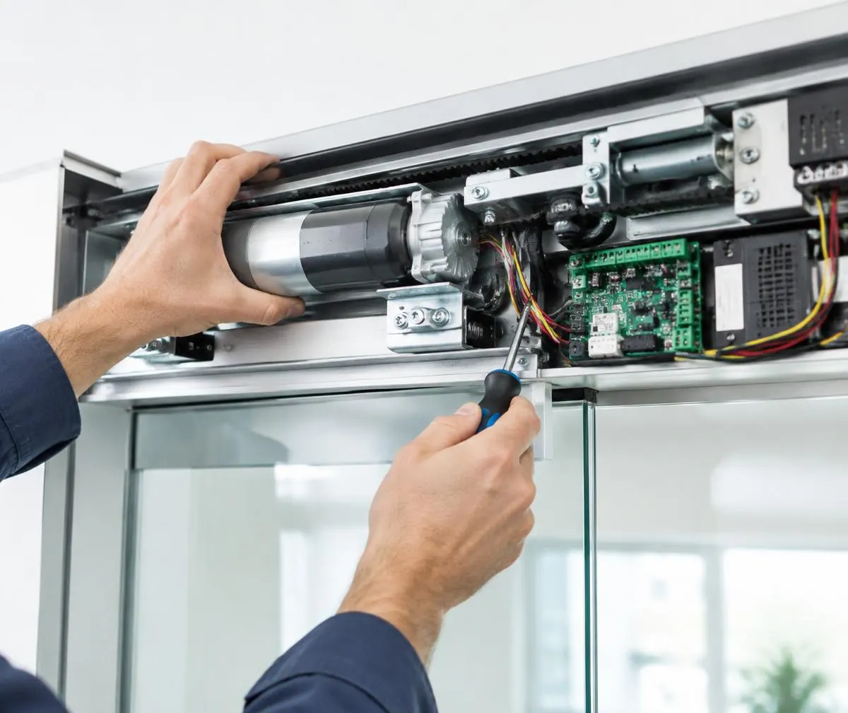 Technicien rénovant le moteur et l'électronique d'une porte automatique de commerce en Provence